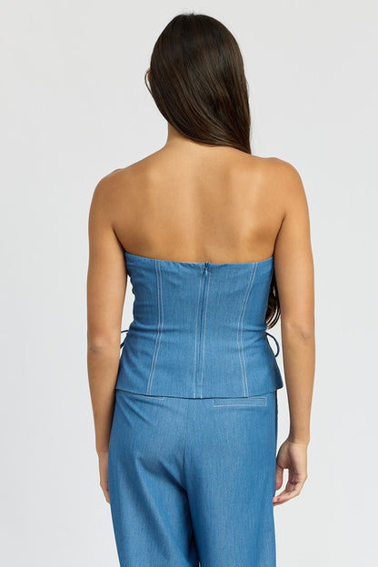 EMORY PARK Med Denim Tube Top with Side Laced Up Detail