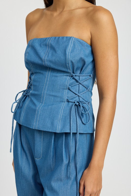 EMORY PARK Med Denim Tube Top with Side Laced Up Detail