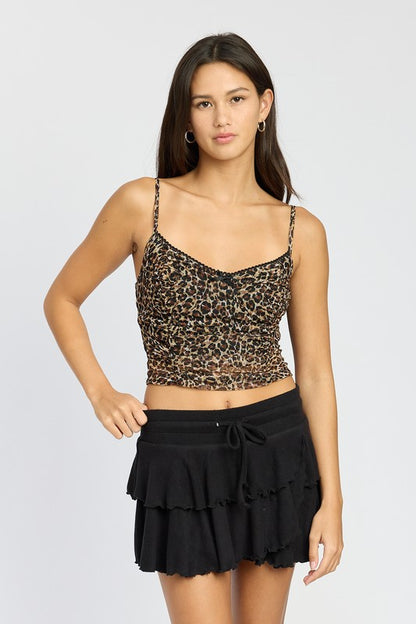 EMORY PARK Dark Leopard Print V Neckline Ruched Crop Top