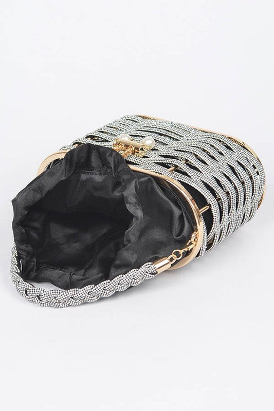 LA JEWELRY Weaved Rhinestone Basket Box Clutch