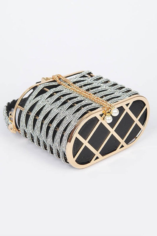 LA JEWELRY Weaved Rhinestone Basket Box Clutch