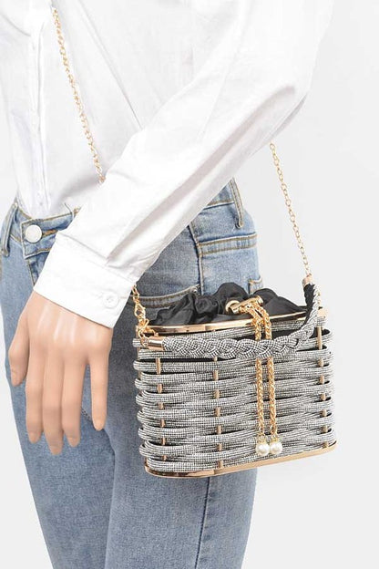 LA JEWELRY Weaved Rhinestone Basket Box Clutch