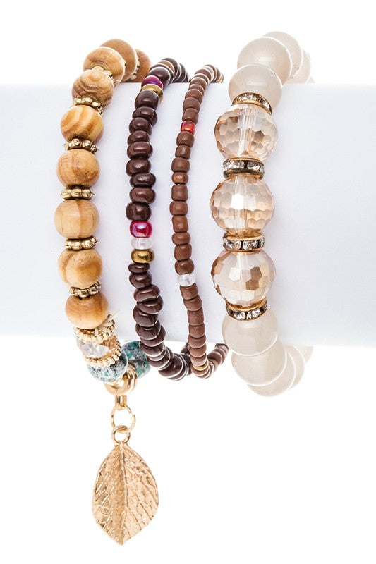 Leaf Charm Mix Beads Stretch Bracelet Set