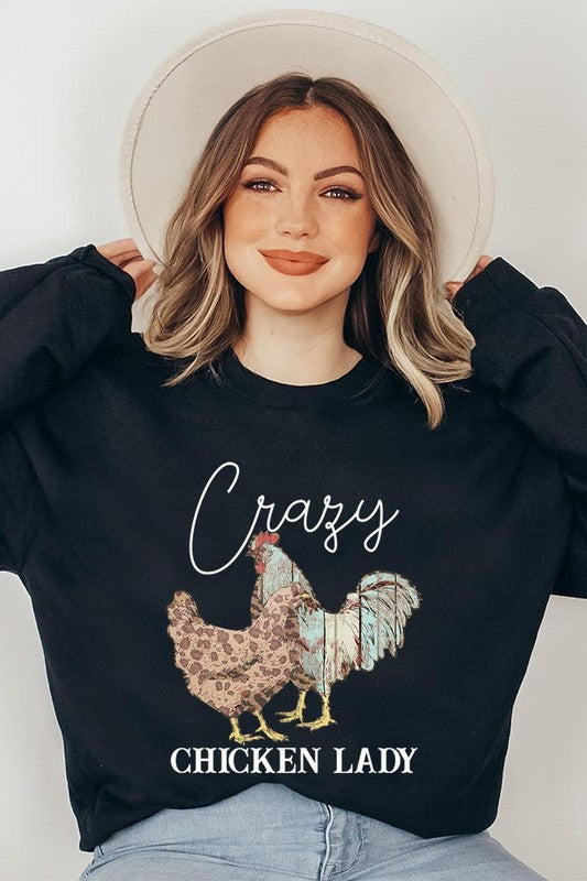 COLOR BEAR "Crazy Chicken Lady" Graphic Fleece Sweatshirts