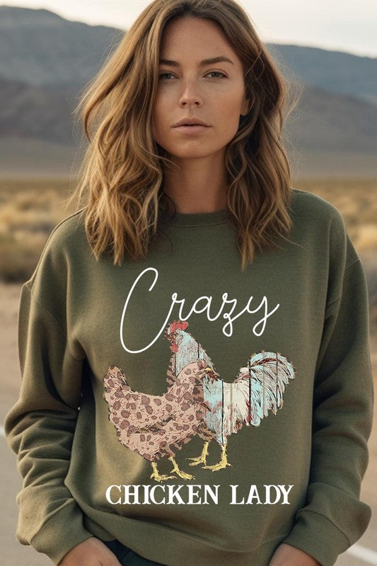 COLOR BEAR "Crazy Chicken Lady" Graphic Fleece Sweatshirts