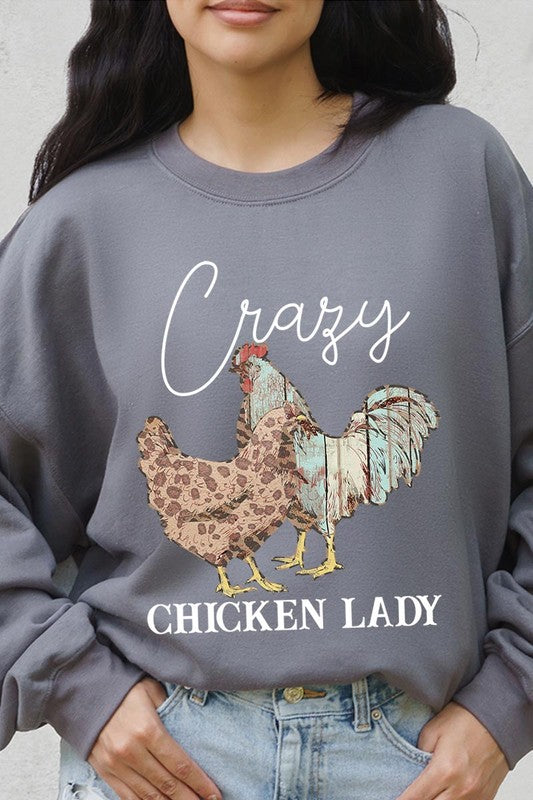 COLOR BEAR "Crazy Chicken Lady" Graphic Fleece Sweatshirts