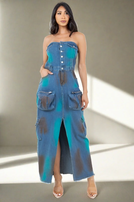 BY CLAUDE Strapless Maxi Cargo Denim Dress