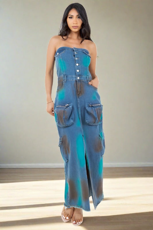 BY CLAUDE Strapless Maxi Cargo Denim Dress