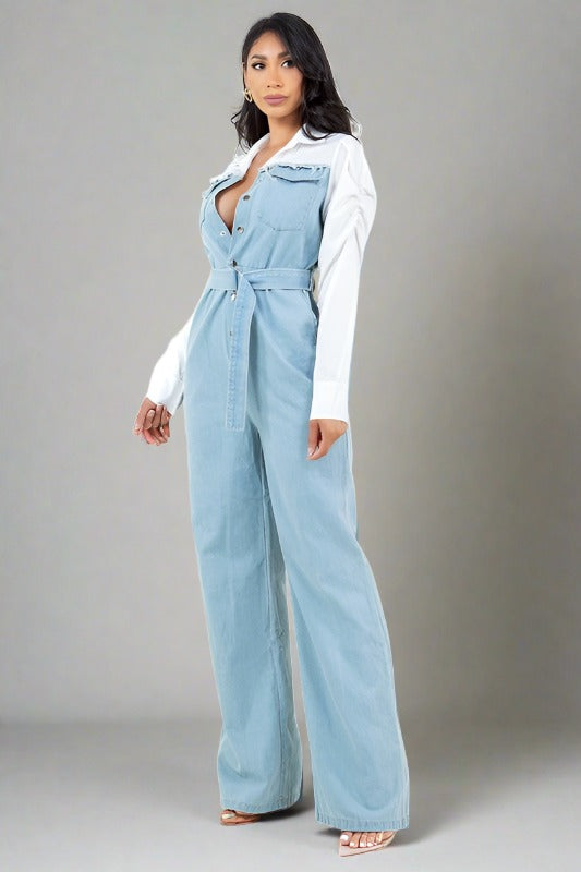 BY CLAUDE Light Blue Denim Jumpsuit with White Shirt Collar