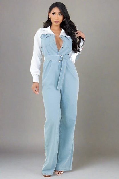 BY CLAUDE Light Blue Denim Jumpsuit with White Shirt Collar