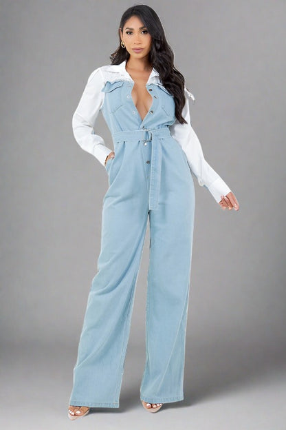 BY CLAUDE Light Blue Denim Jumpsuit with White Shirt Collar