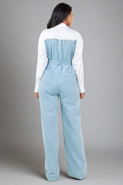 BY CLAUDE Light Blue Denim Jumpsuit with White Shirt Collar