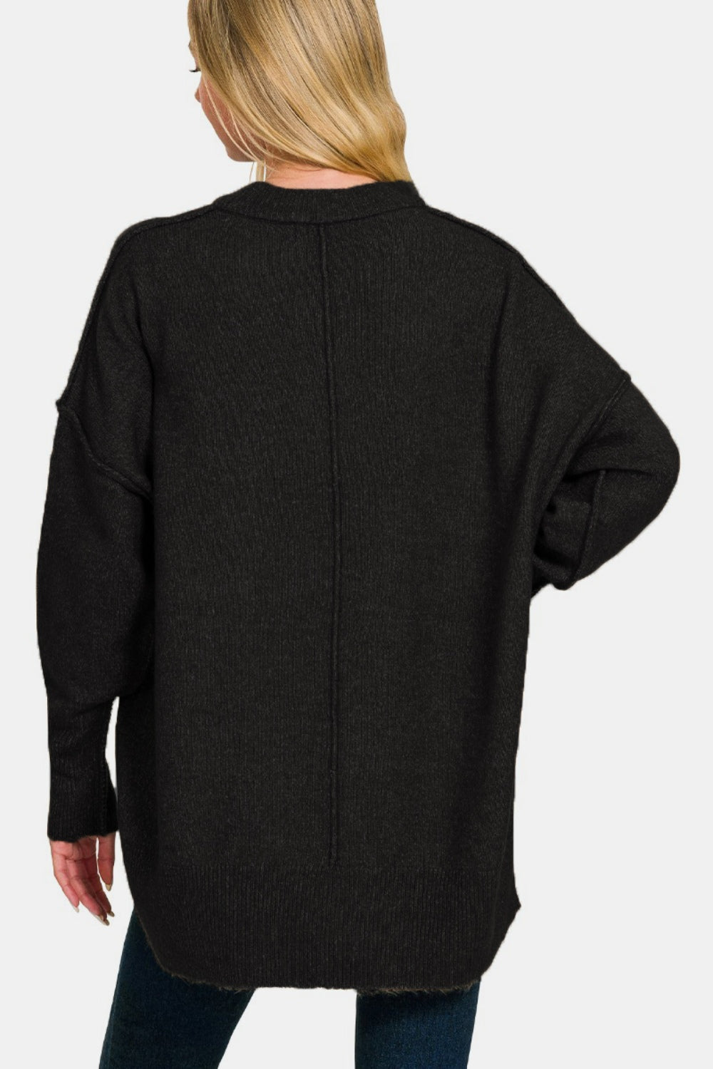 ZENANA Black High-Low Hem Drop Shoulder Sweater