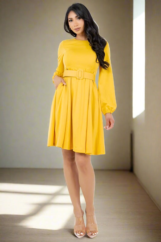 BY CLAUDE Yellow A-line Midi Dress with Belt