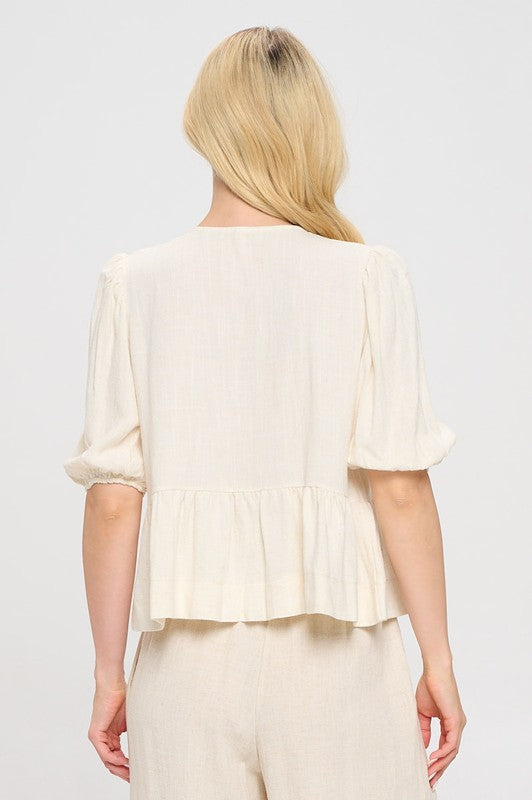 RENEE C. Linen Puff Sleeve Top with Front Bow