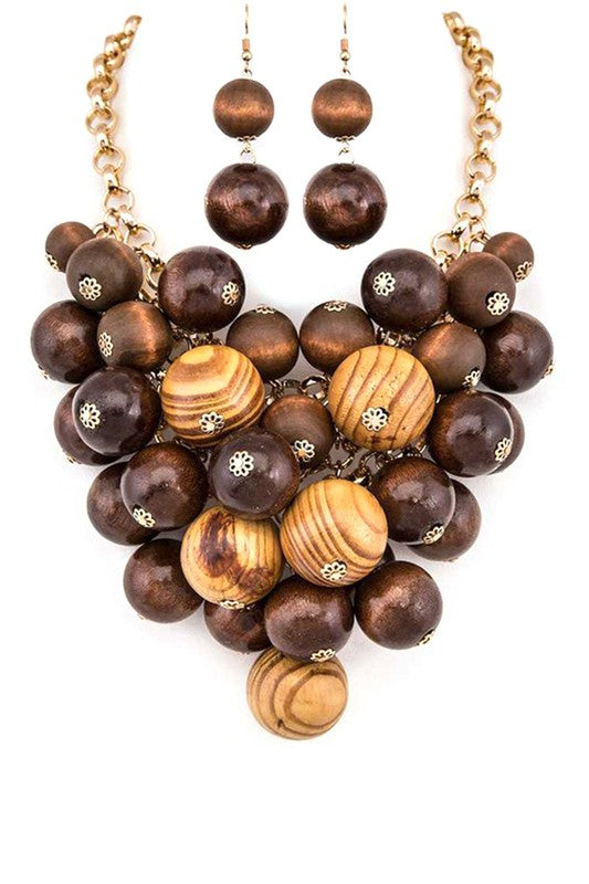 LA JEWELRY Wooden Beads Statement Necklace Set