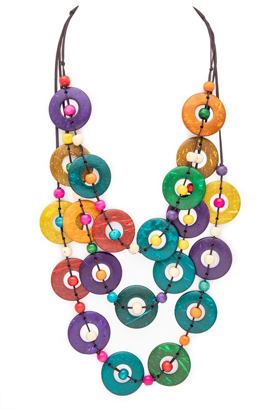 LA JEWELRY Station Wooden Disk Layered Necklace