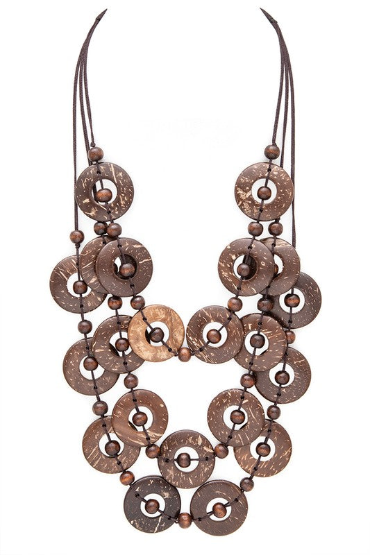 LA JEWELRY Station Wooden Disk Layered Necklace