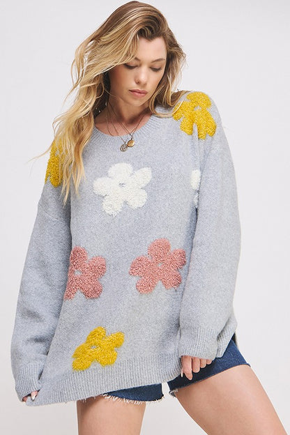 JADE by JANE Women's Oversized Knit with Flower Drawn