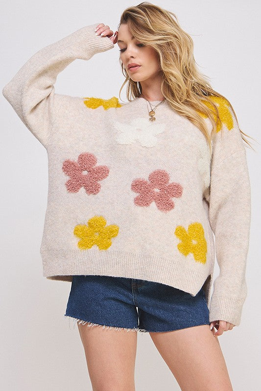 JADE by JANE Women's Oversized Knit with Flower Drawn