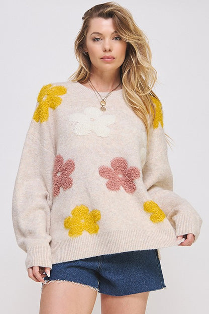 JADE by JANE Women's Oversized Knit with Flower Drawn