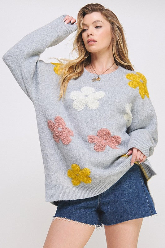 JADE by JANE Women's Plus-size Oversized Knitted Sweater with Floral Drawn