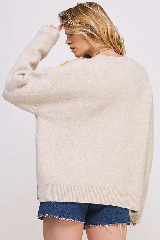 JADE by JANE Women's Oversized Knit with Flower Drawn