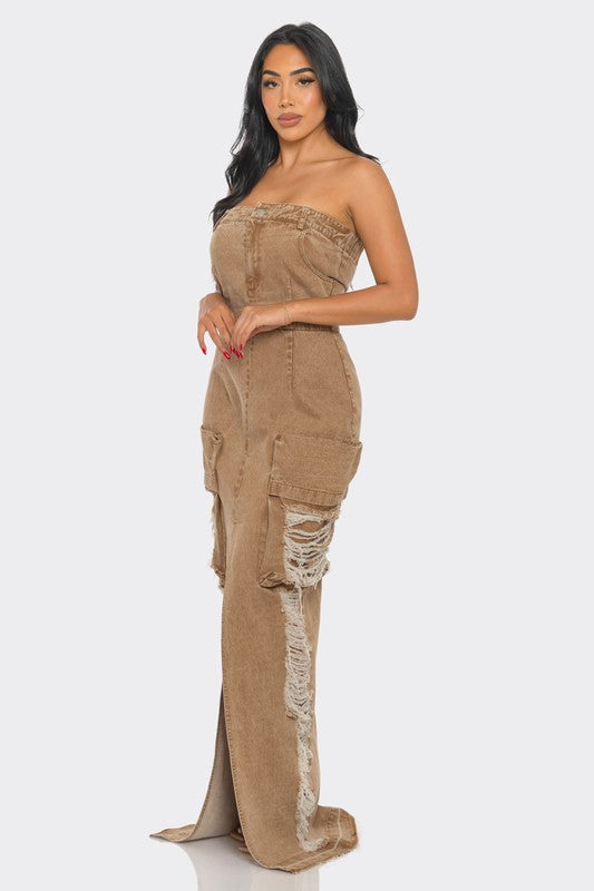 Vintage Washed Distressed Cargo Maxi Dress