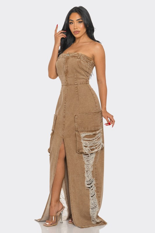 Athina Women's Strapless Vintage Washed Distressed Cargo Maxi Dress with Front Slit