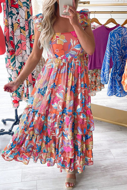 YNIQUE Floral Print Sleeveless Ruffle Tiered Maxi Dress