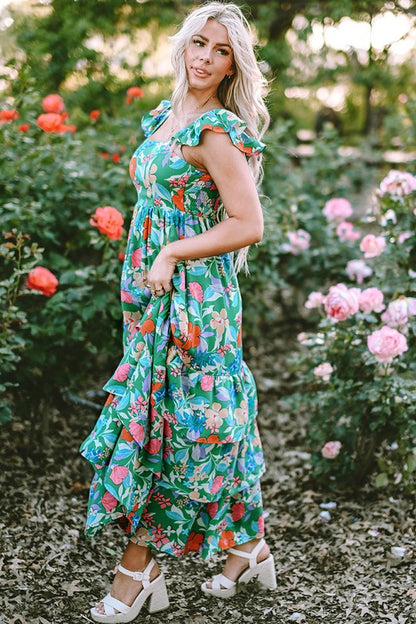 YNIQUE Floral Print Sleeveless Ruffle Tiered Maxi Dress