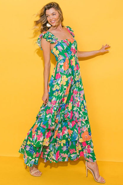 YNIQUE Floral Print Sleeveless Ruffle Tiered Maxi Dress