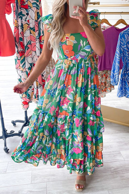 YNIQUE Floral Print Sleeveless Ruffle Tiered Maxi Dress