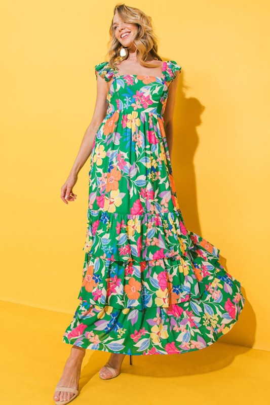 YNIQUE Floral Print Sleeveless Ruffle Tiered Maxi Dress