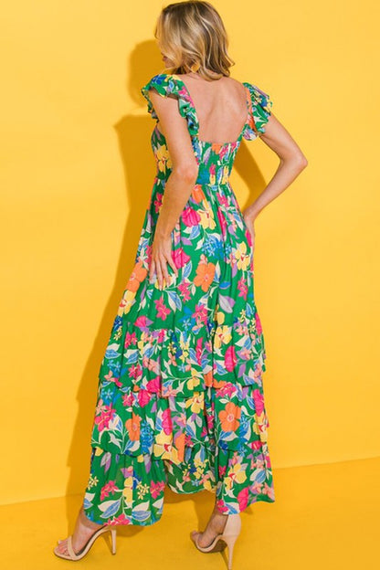 YNIQUE Floral Print Sleeveless Ruffle Tiered Maxi Dress