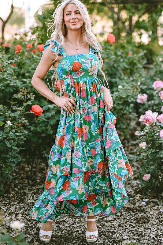 YNIQUE Floral Print Sleeveless Ruffle Tiered Maxi Dress