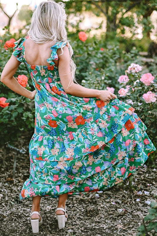 YNIQUE Floral Print Sleeveless Ruffle Tiered Maxi Dress