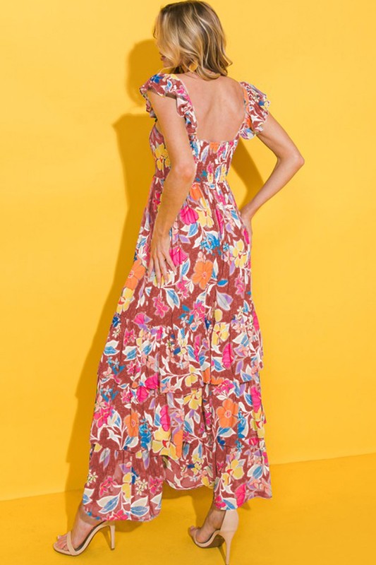 YNIQUE Floral Print Sleeveless Ruffle Tiered Maxi Dress