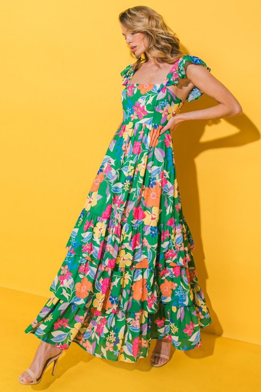 YNIQUE Floral Print Sleeveless Ruffle Tiered Maxi Dress