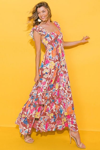 YNIQUE Floral Print Sleeveless Ruffle Tiered Maxi Dress