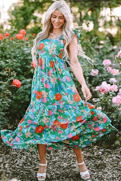 YNIQUE Floral Print Sleeveless Ruffle Tiered Maxi Dress