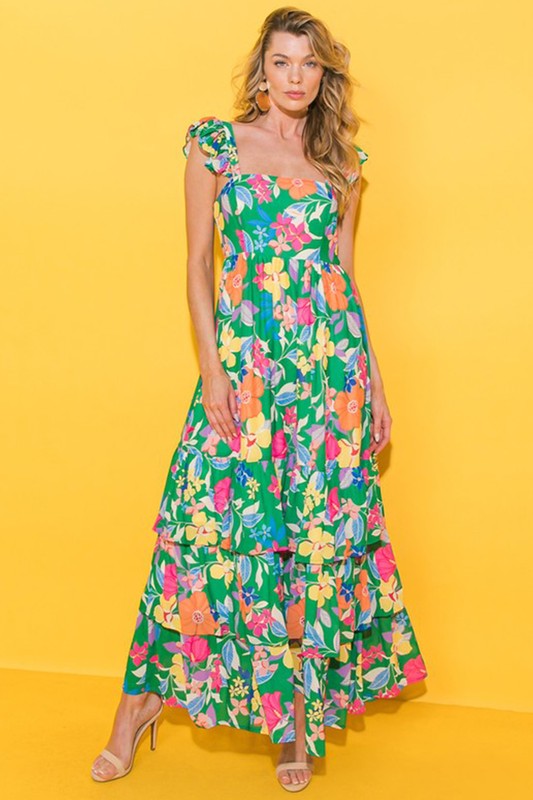 YNIQUE Floral Print Sleeveless Ruffle Tiered Maxi Dress