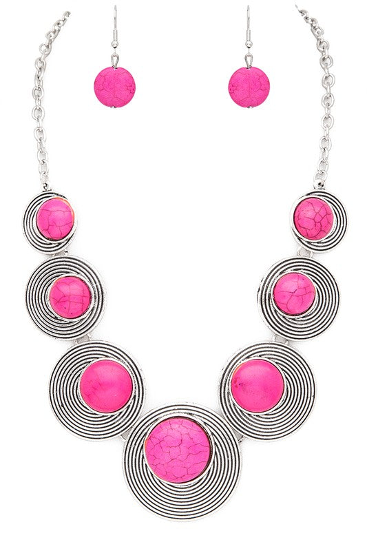 LA JEWELRY Round Stone Western Inspired Bib Necklace Set