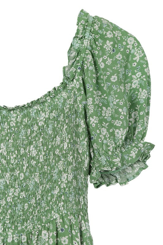 LILOU Green Floral Smocked Summer Dress