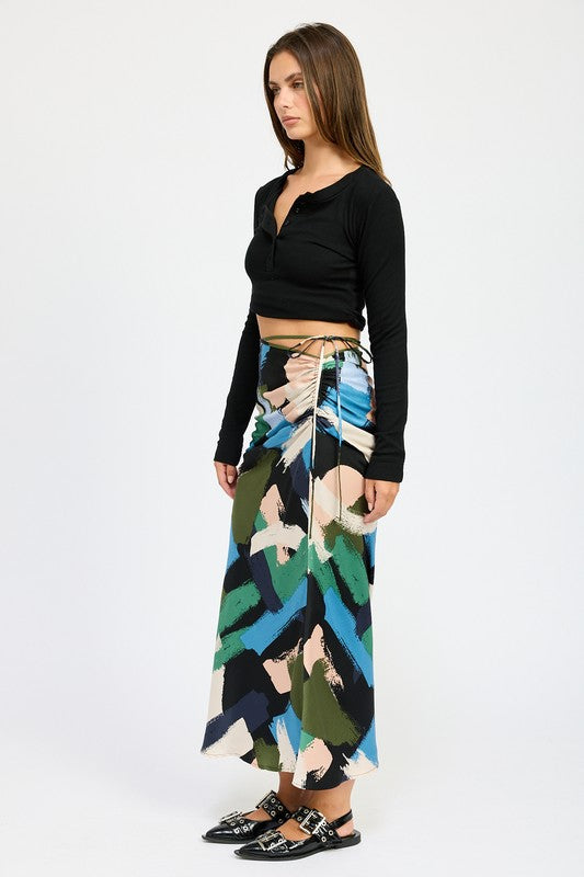 EMORY PARK Flirty Printed Side Ruched Midi Skirt