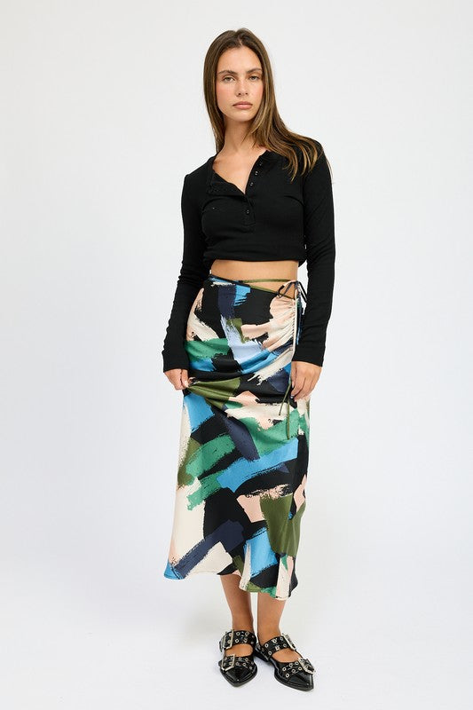 EMORY PARK Flirty Printed Side Ruched Midi Skirt