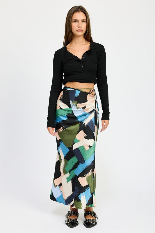 EMORY PARK Flirty Printed Side Ruched Midi Skirt