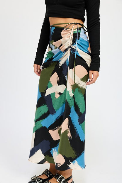 EMORY PARK Flirty Printed Side Ruched Midi Skirt