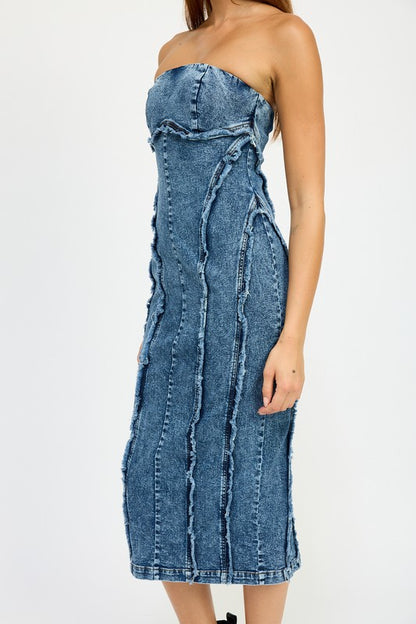 EMORY PARK Strapless Frayed Seam Denim Party Dress