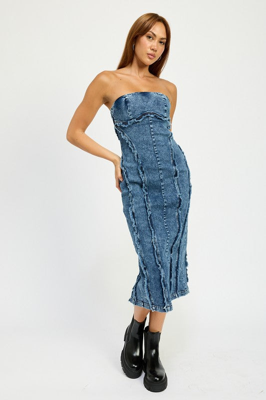 EMORY PARK Strapless Frayed Seam Denim Party Dress